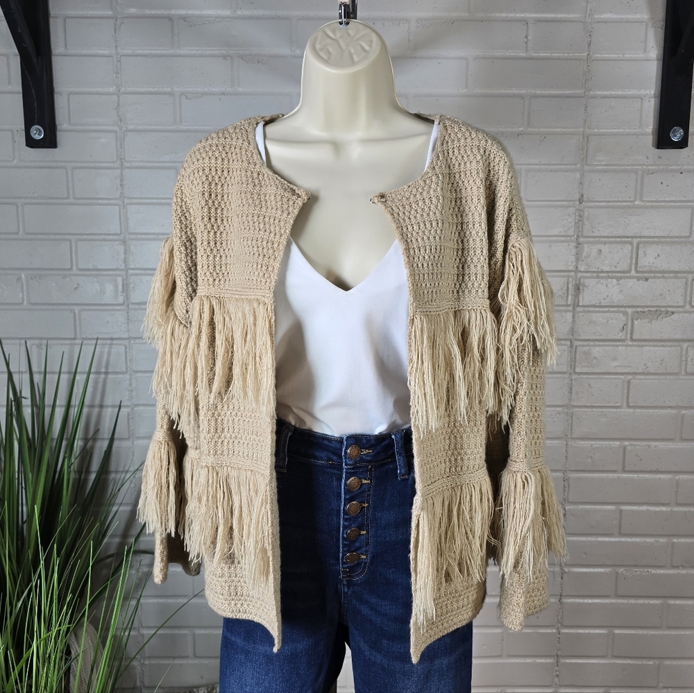En Creme Fringe Detail Beige Sweater Cardigan Medium - Picture 4 of 10